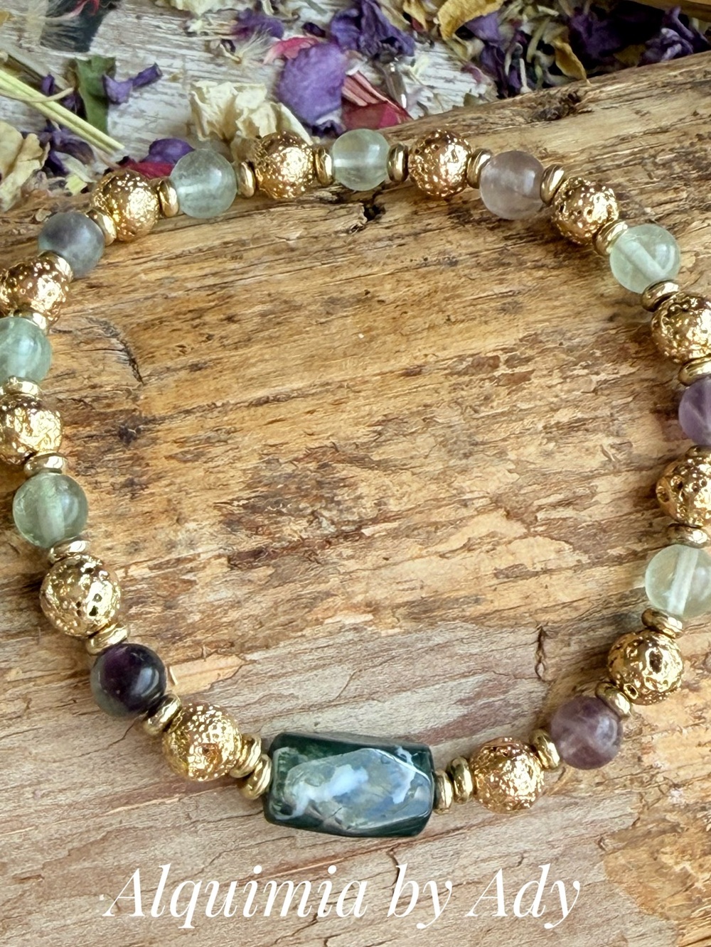 Gold + AGATE + Fluorite gemstones Beaded Bracelet